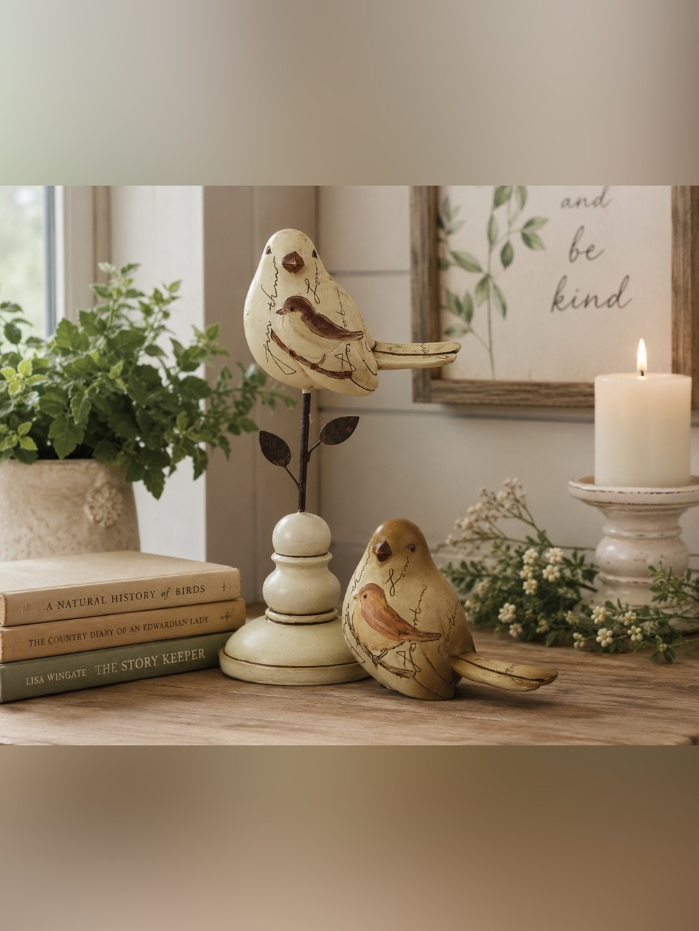 Vintage Distressed Wooden Bird Figurines on Pedestals Set of 2 Cottage Decor
